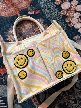 Pastel Swirl Canvas Tote with Smile Patch Accents